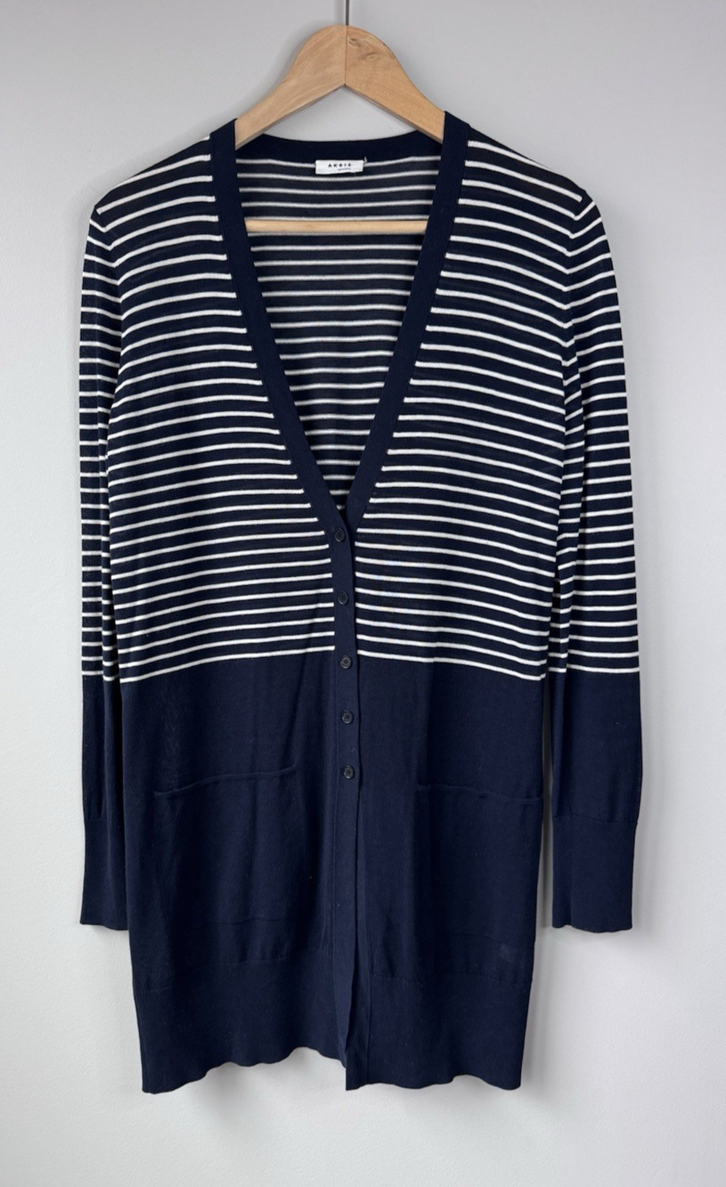 Akris Punto Womens Size 6 V Neck Striped Long Cardigan Sweater Blue Cotton